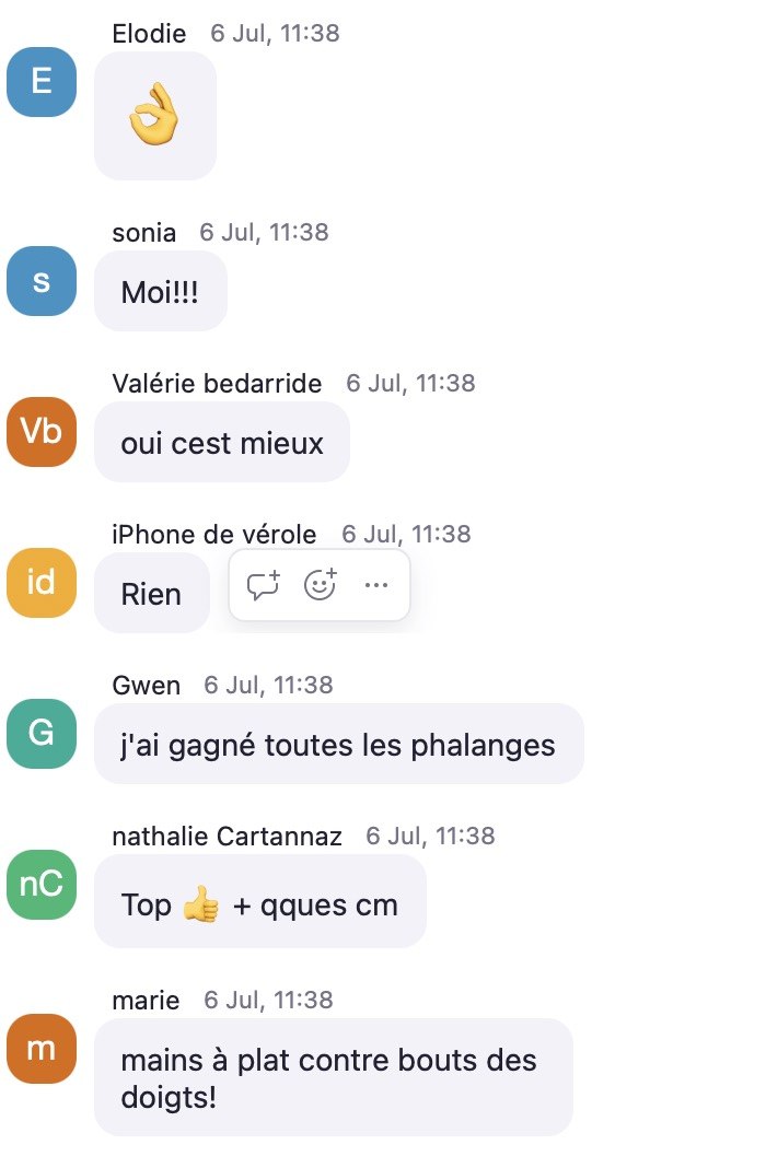 Messages de participantes rapportant les centimètres gagnés pendant la séance