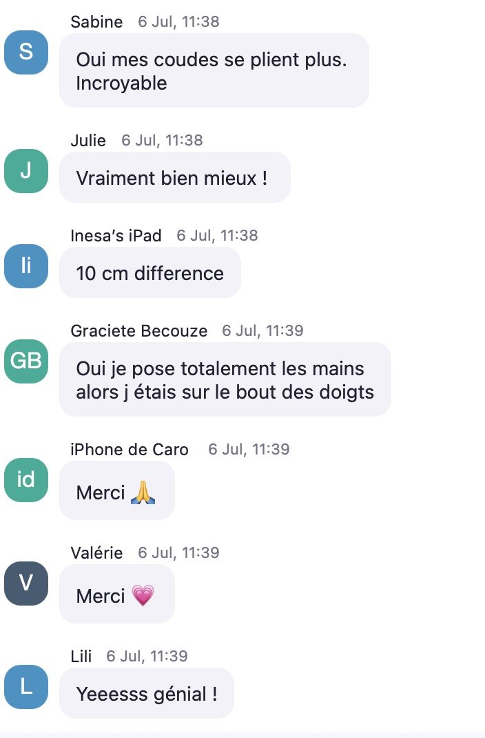 Messages de participantes rapportant les centimètres gagnés pendant la séance